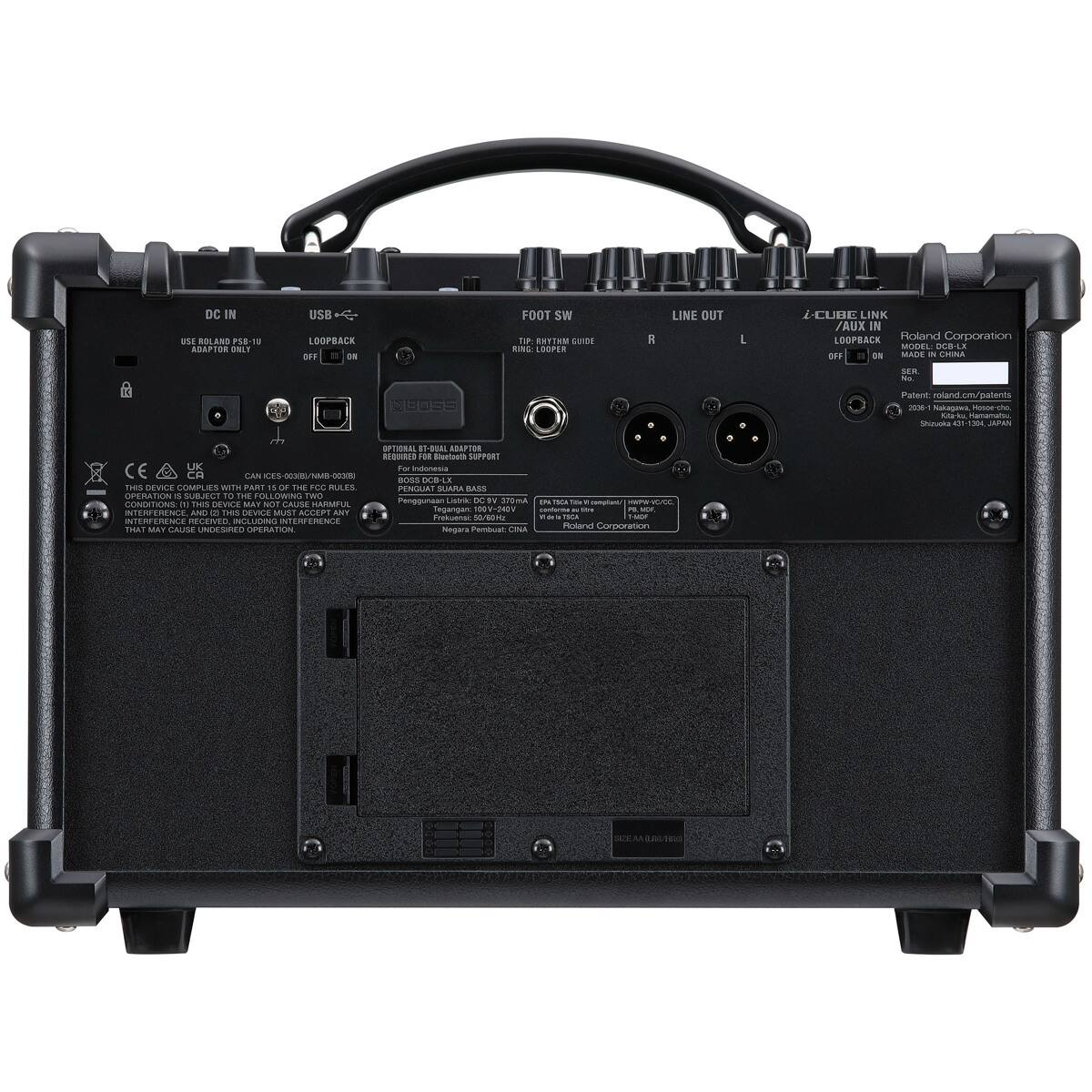 DC IN: Use Roland PE-1U adapter only  
USB LOOPBACK: Off / On  
FOOT SW: I LOOPER  
LINE OUT: R L  
2-CUBE LINK / AUX IN: Off / On  

Roland Corporation  
Model: GC-100XL  
Serial No.: [SERIAL NUMBER]  
Patent: roland.com/patents  
Made in China  
Japan  

This device complies with part 15 of the FCC Rules.  
Operation is subject to the following two conditions:  
(1) This device may not cause harmful interference, and  
(2) this device must accept any interference received, including interference that may cause undesired operation.  

CAN ICES-003/EN-0030B  
Penggunaan: 370W  
Penggunaan: 370W  
Penggunaan: 370W  
Penggunaan: 370W  
Penggunaan: 370W  
Penggunaan: 370W  
Penggunaan: 370W  
Penggunaan: 370W  
Penggunaan: 370