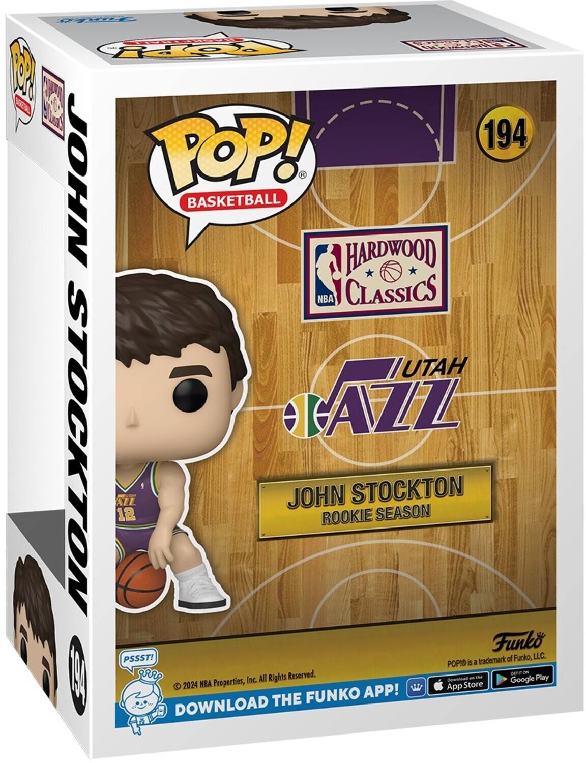 POP! BASKETBALL, HARDWOOD CLASSICS, UTAH JAZZ, JOHN STOCKTON, ROOKIE SEASON, Funko, LLC., POP! is a trademark of Funko, LLC., 2024 NBA Properties, All Rights Reserved., DOWNLOAD THE FUNKO APP!, App Store, Google Play