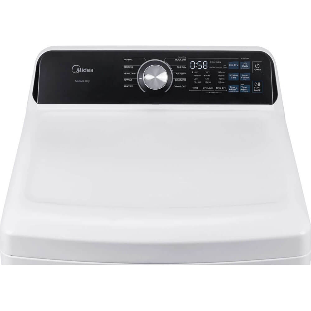Midea Sensor Dry

- Quick Dry
- Air Fluff
- Delicates
- Download
- Normal
- Heavy Duty
- Towels
- Sanitize

0:58

- Eco Dry
- My
- Power
- High
- Medium
- Low
- Dry Level
- Time Dry
- Wrinkle Care
- Smart Care
- Time
- Adjust
- Pause