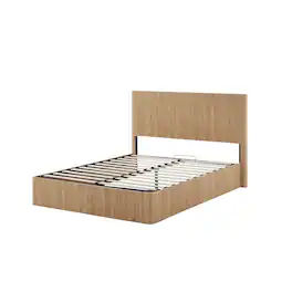 Boyel Living - Queen Size Lift-Up Storage Bed Frame with Hydraulic Lift, Wooden Corrugated Panels, No Box Spring Needed, Oak - Brown