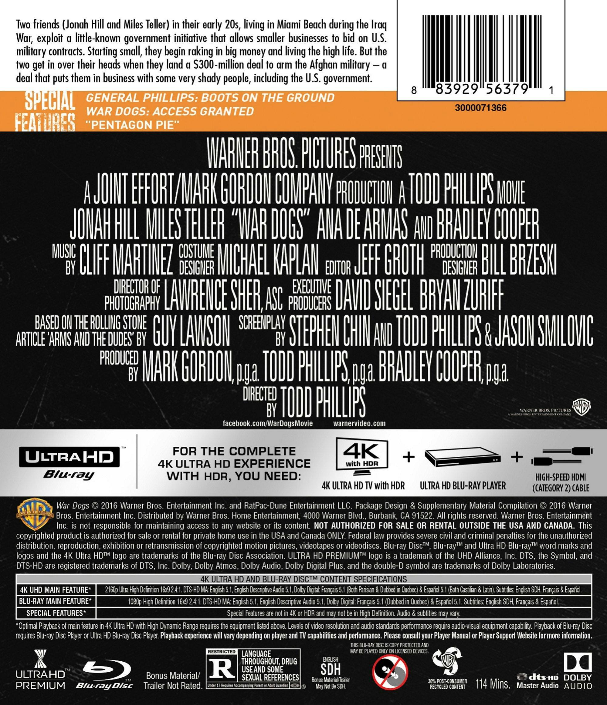 Back. War Dogs   - 4K Blu-Ray.