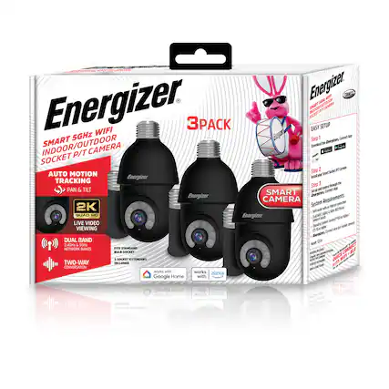 Energizer Smart 5GHz WiFi Indoor/Outdoor Socket P/T Camera
3 Pack
Features:
- Auto Motion Tracking
- Pan & Tilt
- 2K Quad HD Live Video Viewing
- Dual Band (2.4GHz & 5GHz) Network Bands
- Two-Way Conversation
- Fits Standard Bulb Socket
- 3 Socket Extenders Included
- Works with Alexa and Google Home
Easy Setup:
1. Download the Energizer App
2. Install your Smart Socket P/T Camera
3. Connect through the App
System Requirements:
- Wi-Fi router with internet connection
- Dual-band Wi-Fi (5GHz recommended)
- 0.3% or higher mobile device
- Energizer Connect App
Compatibility:
- Google Home
- Alexa
- IFTTT
Note:
- Once connected, the camera can be monitored via the Energizer Connect App.