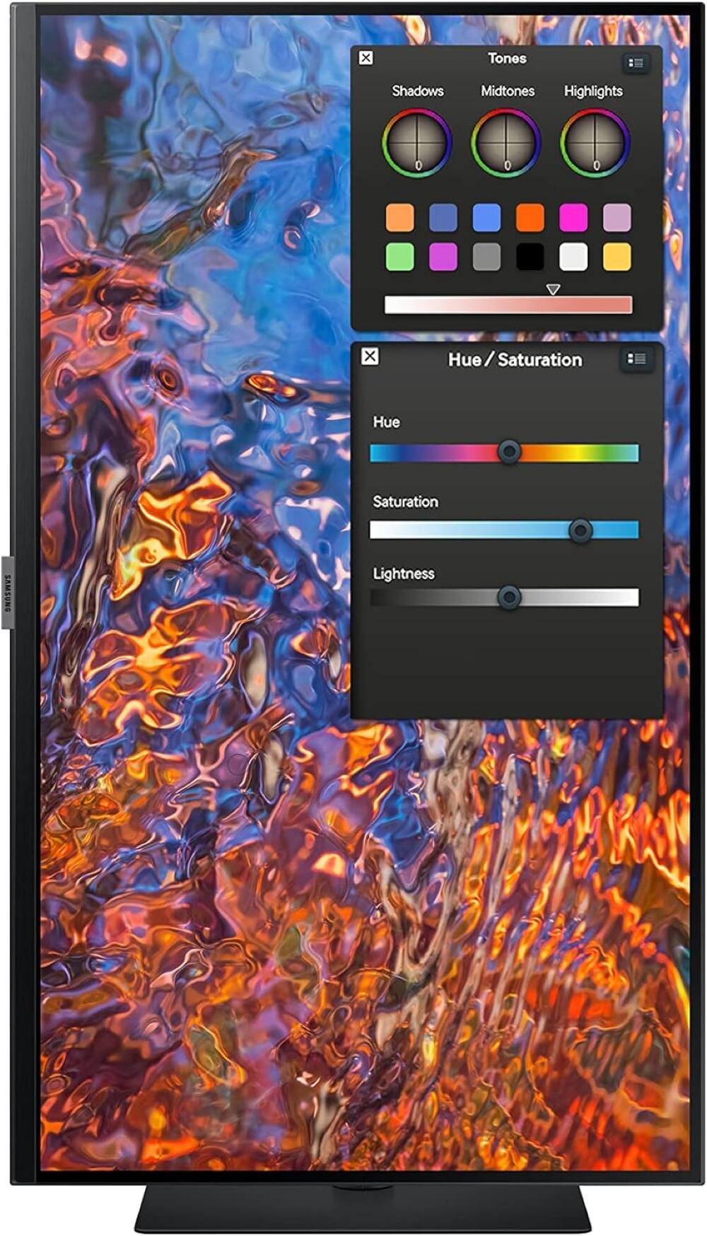 The image features a colorful display on a Samsung TV screen. The screen shows a color palette with various shades of red, orange, and blue. The TV screen also displays a color wheel with different shades of colors, including red, orange, blue, green, yellow, and purple. The image captures the vibrant colors and the visual appeal of the Samsung TV screen.