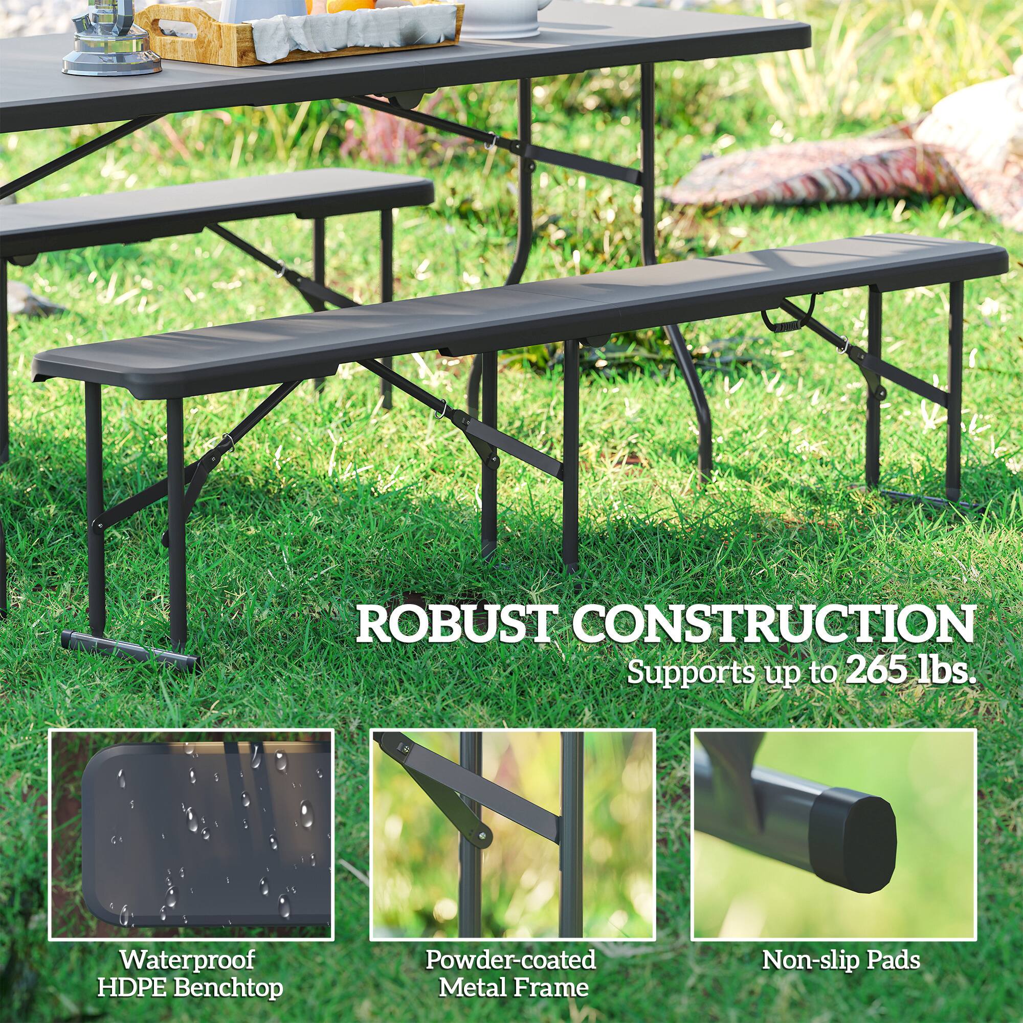 ROBUST CONSTRUCTION  
Supports up to 265 lbs.  

- Waterproof HDPE Benchtop  
- Powder-coated Metal Frame  
- Non-slip Pads