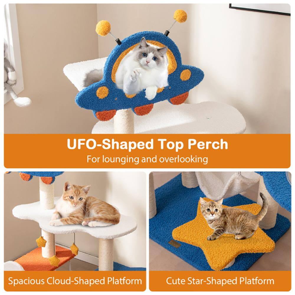 UFO-Shaped Top Perch  
For lounging and overlooking  

Spacious Cloud-Shaped Platform  

Cute Star-Shaped Platform