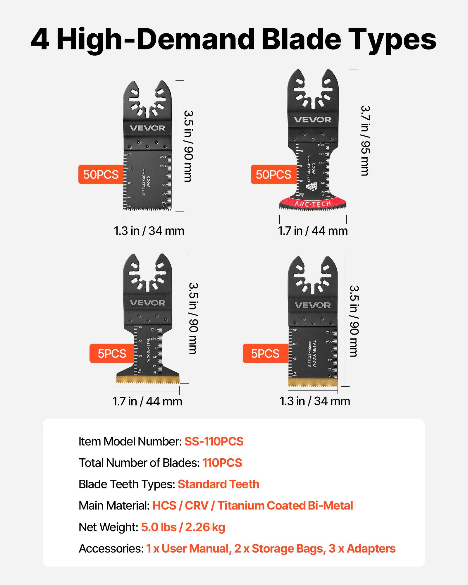 4 High-Demand Blade Types

- 3.5 in / 90 mm
  - 50PCS
  - 1.3 in / 34 mm

- 3.7 in / 95 mm
  - 50PCS
  - 1.7 in / 44 mm

- 3.5 in / 90 mm
  - 5PCS
  - 1.7 in / 44 mm

- 3.5 in / 90 mm
  - 5PCS
  - 1.3 in / 34 mm

Item Model Number: SS-110PCS
Total Number of Blades: 110PCS
Blade Teeth Types: Standard Teeth
Main Material: HCS / CRV / Titanium Coated Bi-Metal
Net Weight: 5.0 lbs / 2.26 kg
Accessories: 1 x User Manual, 2 x Storage Bags, 3 x Adapters