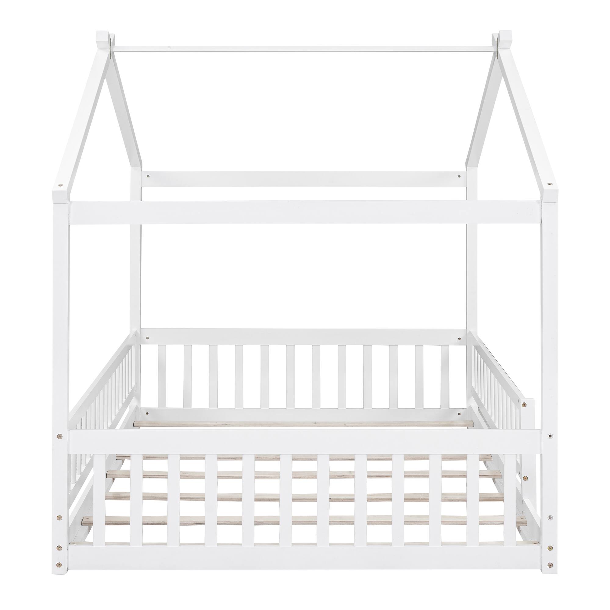 Alt View 2. Whisen - Wood House Bed Frame with Fence for Kids and Teens - White.