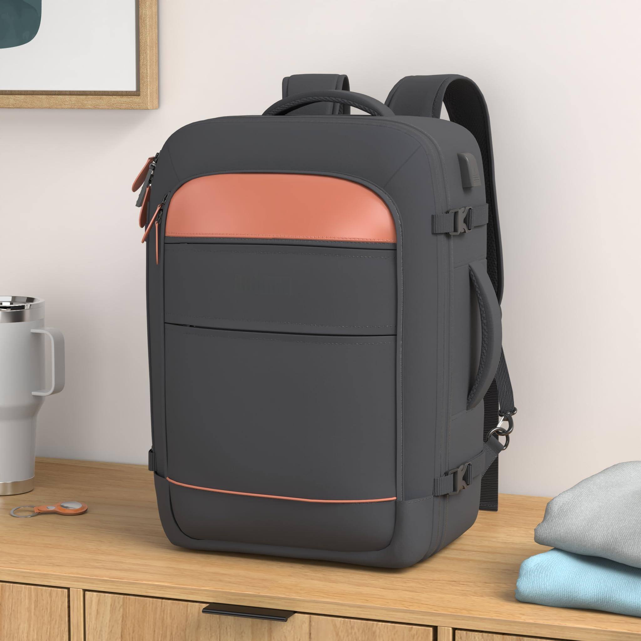 Left. Stamp n Camp - Travel Backpack 42l Flight Approved Carry On  Expandable Laptop With Packing Cubes   Shoe Pocket Water Resistant - Black-brown (Backpack With 4 Packing Cubes).