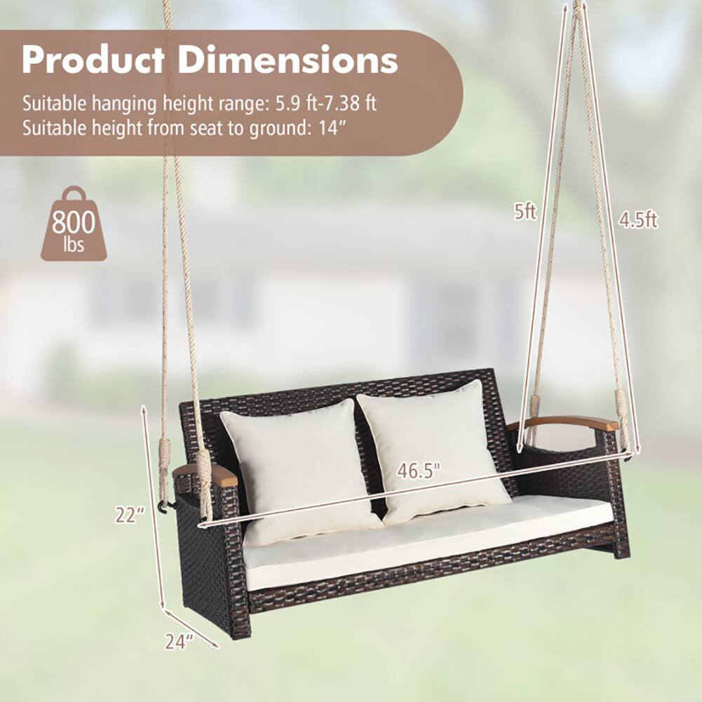 Product Dimensions  
Suitable hanging height range: 5.9 ft - 7.38 ft  
Suitable height from seat to ground: 14"  
800 lbs  
5ft  
4.5ft  
46.5"  
22"  
24"
