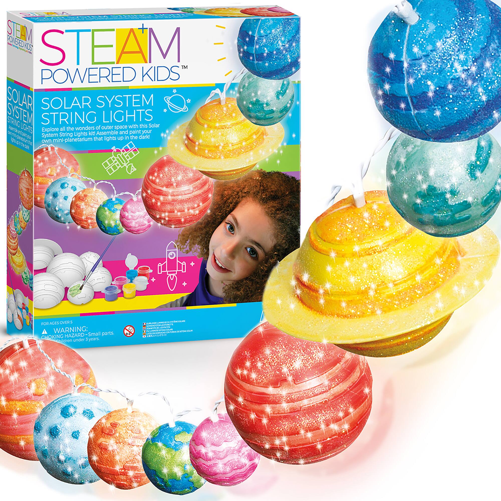 STEAM POWERED KIDS SOLAR SYSTEM STRING LIGHTS
Explore the wonders of outer space with this Solar System string lights. Assemble and paint your own mini-planetarium to see the solar system come to life. Warning: parts may be small and pose a choking hazard. Not for use by children under 3 years.