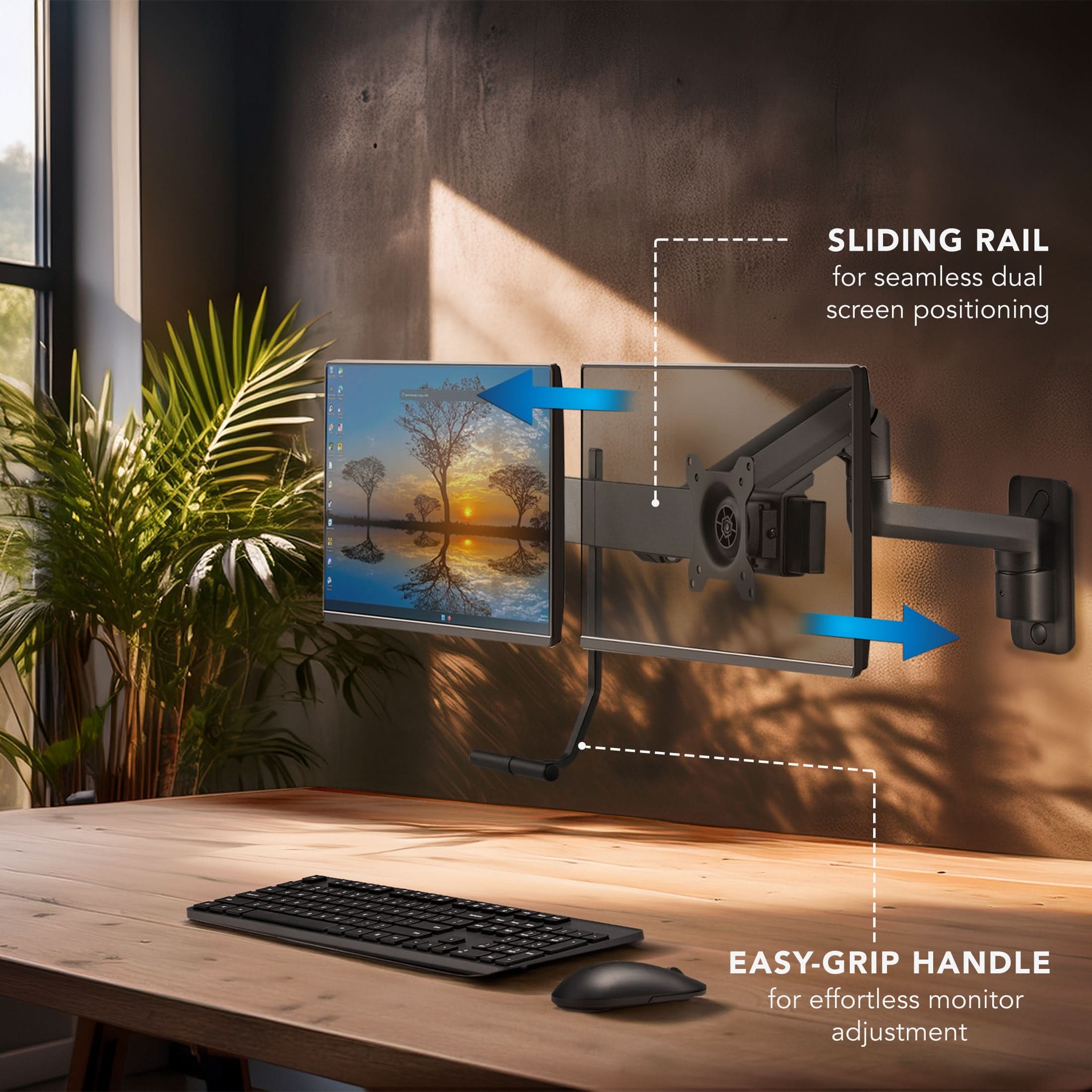 SLIDING RAIL for seamless dual screen positioning  
EASY-GRIP HANDLE for effortless monitor adjustment