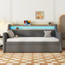 PexFix - Twin Daybed with Trundle, LED Lights & Charging Station, Upholstered Bed for Guest Room - Gray
