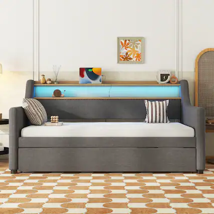 Front. PexFix - Twin Daybed with Trundle, LED Lights & Charging Station, Upholstered Bed for Guest Room - Gray.