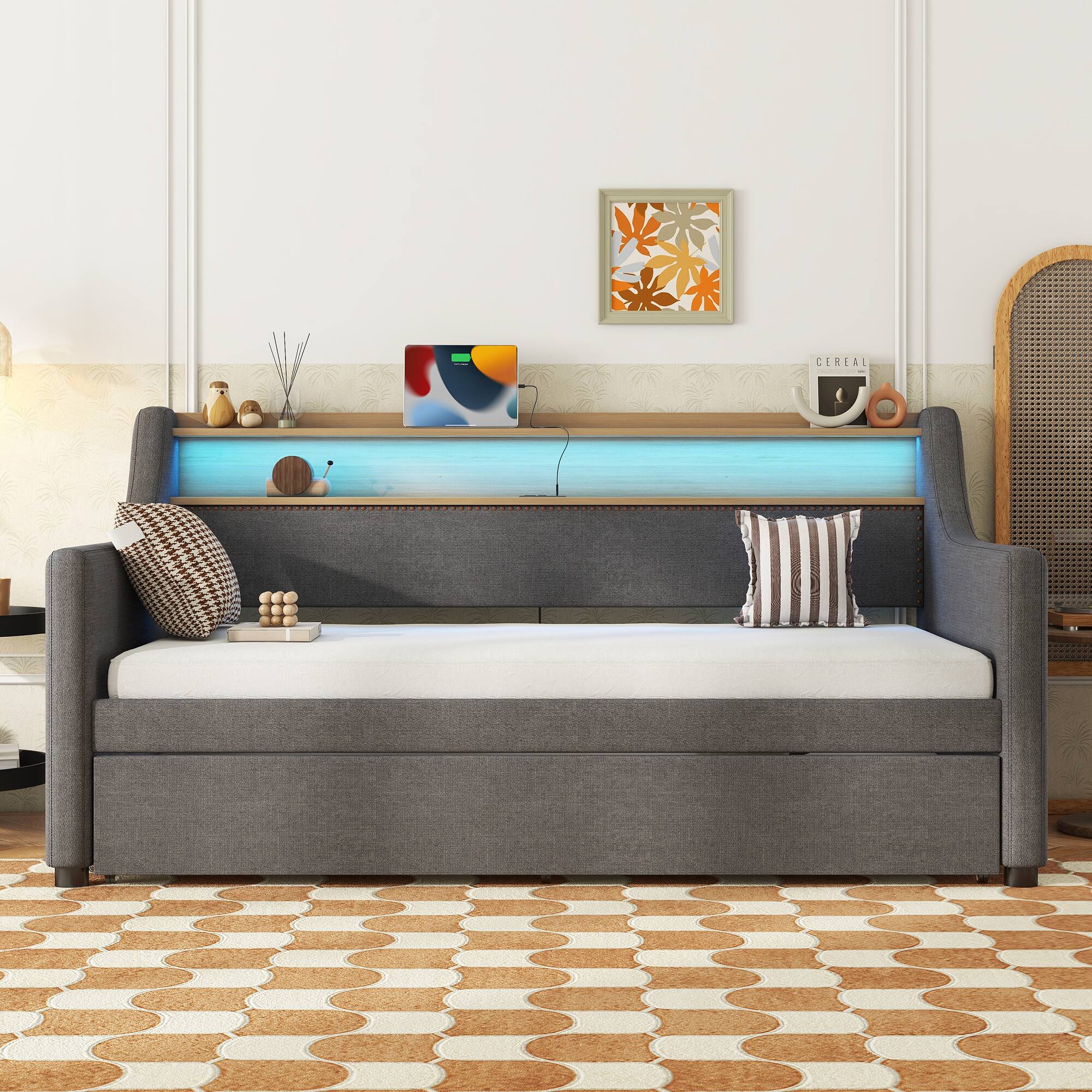 Angle. Tiramisubest - Twin Size Daybed with Trundle Bed, Upholstered Daybed with Charging Station and LED Lights, Gray - Gray.