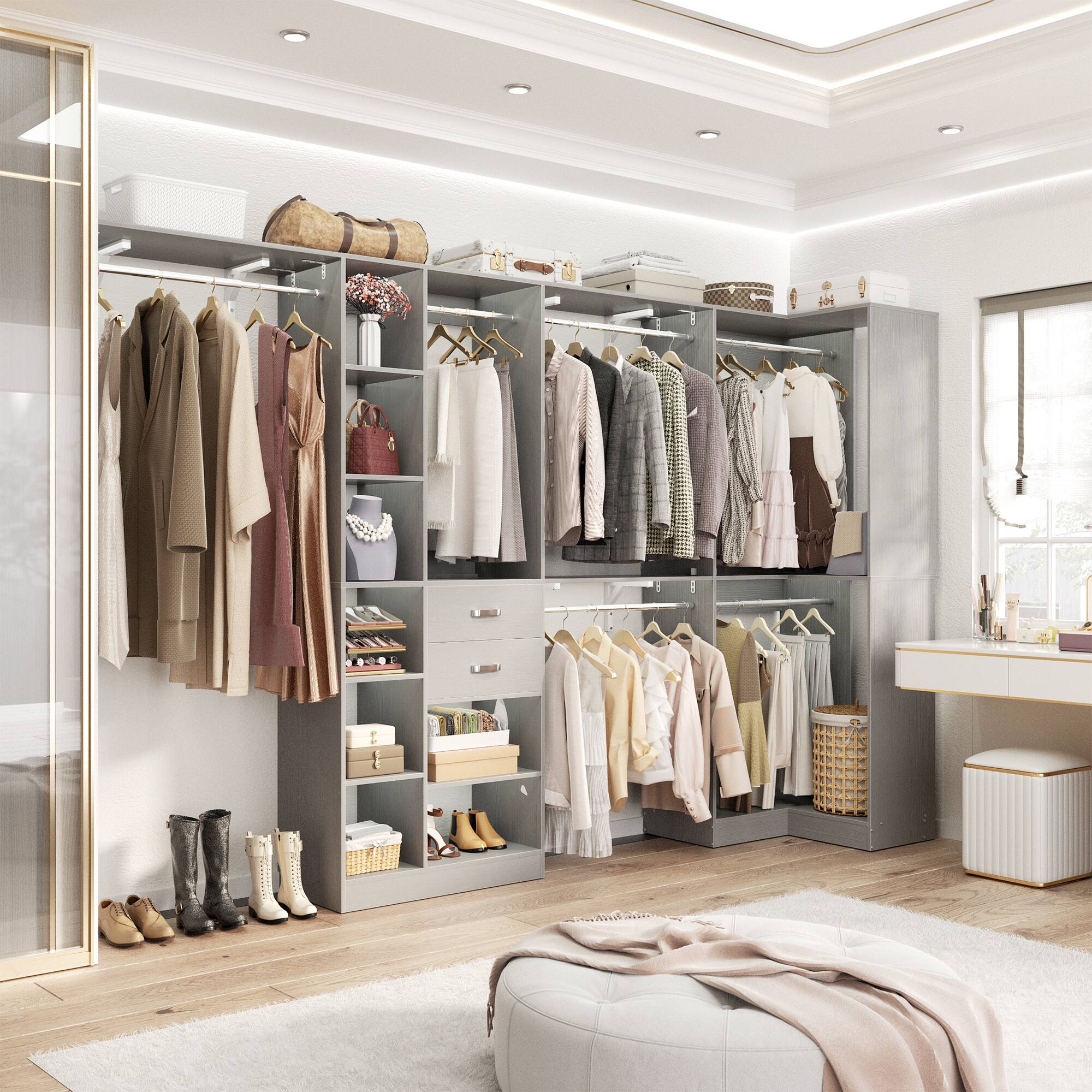 Left. Aheaplus - 127.5'' Corner Closet Organizer System Set of 2 with Drawers, Hanging Rod and Adjustable Shelves, Reversible - Gray.