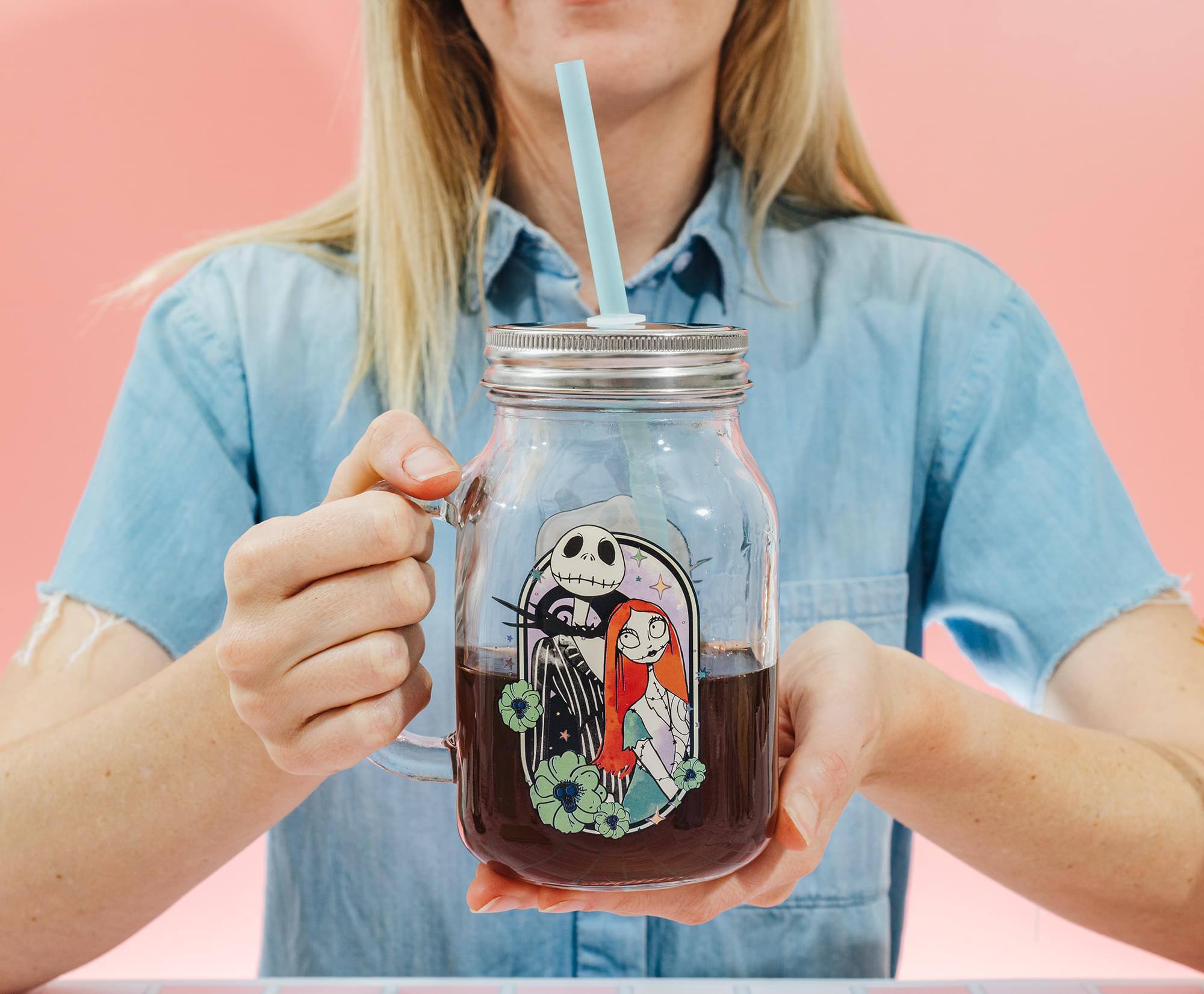 Alt View 4. Silver Buffalo - Disney The Nightmare Before Christmas Jack and Sally 21-Ounce Glass Mason Jar - Multi-Colored.