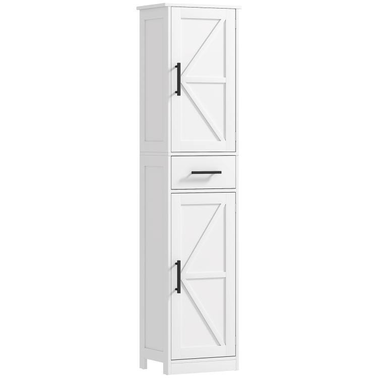 Front. PULUZ - Farmhouse Closet with Drawer, 66.9 inch Tall Bathroom Storage Cabinet with Barn Doors and Adjustable Shelves - White.