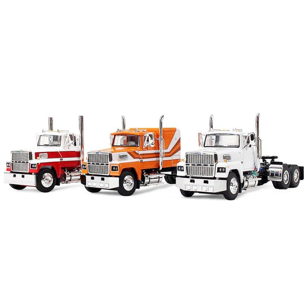 Angle. First Gear - Ford LTL 9000 Trio Set (Two Day Cabs and One 60" Flat Top Sleeper) 1/64 Diecast Model by DCP/First Gear - Multicolor.