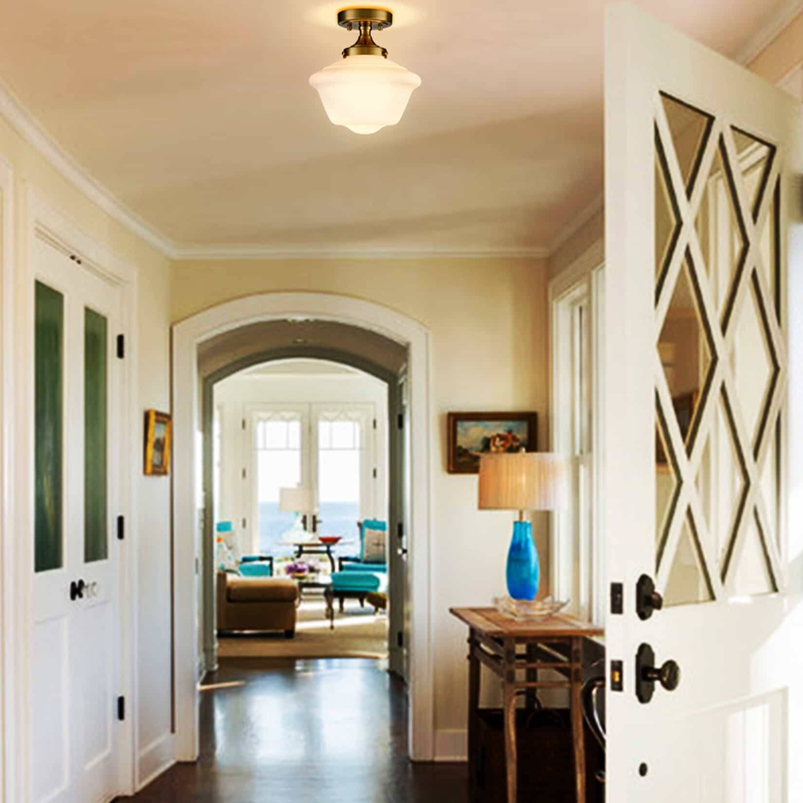 Angle. MOOSE - Panarea Schoolhouse Semi-Flush Mount Ceiling Light with Opal Glass Shade - Gold.