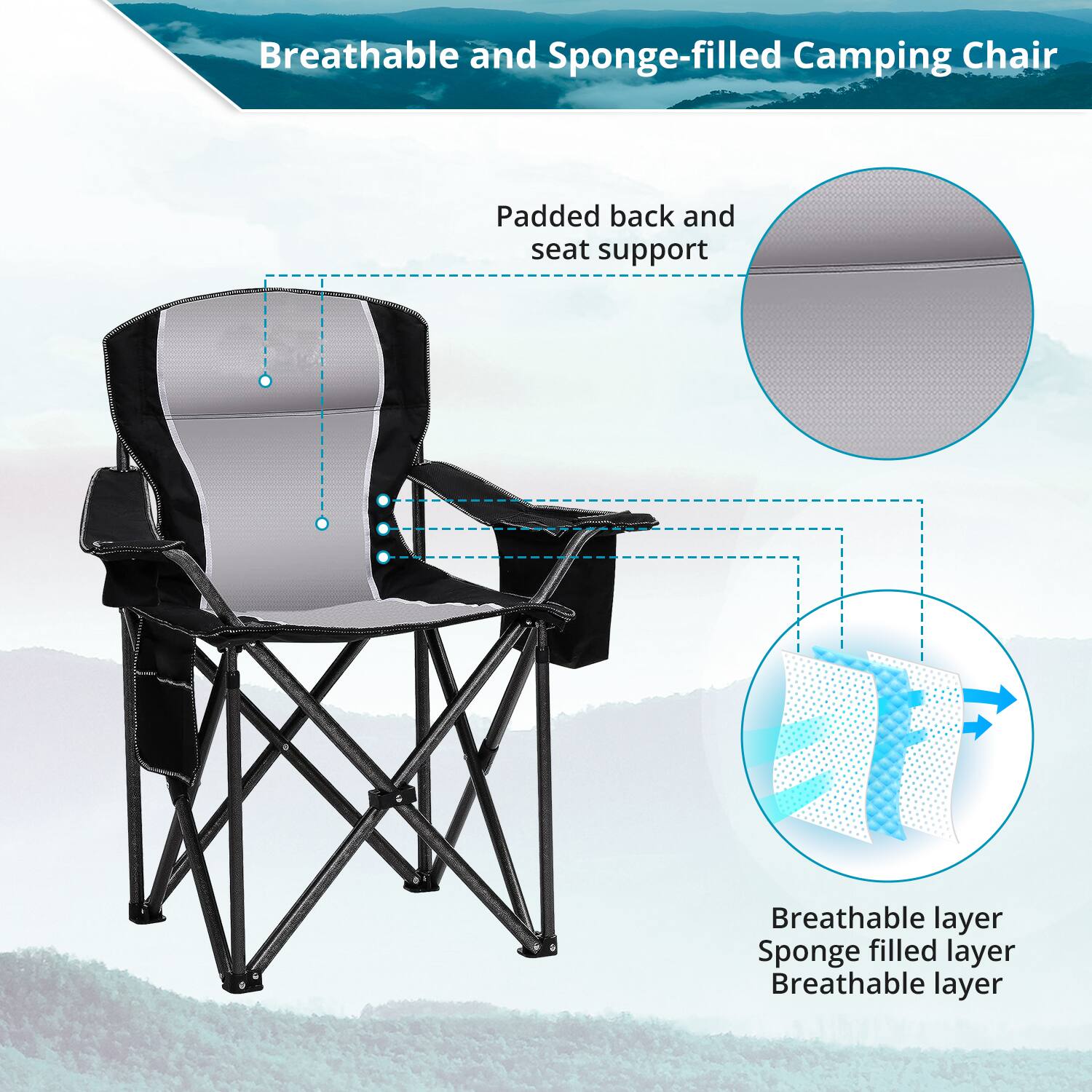 Breathable and Sponge-filled Camping Chair: Padded back and seat support. Breathable layer. Sponge filled layer.
