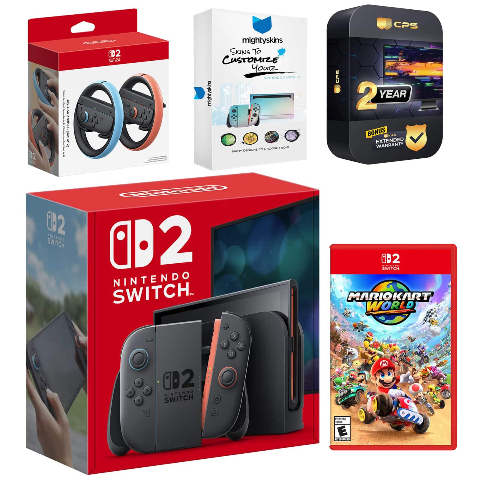 Switch 2 Console with Mario Kart World, Joy Con Wheel, MightySkins