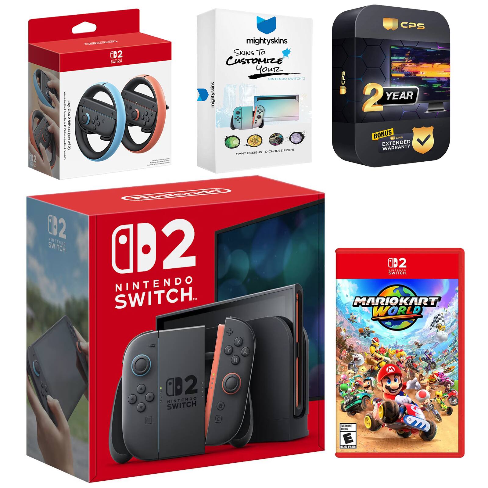 1. **Nintendo Switch 2 Wheelset**
- SupraGrip
- 2 in 1 Wheelset for Nintendo Switch
2. **MightySkins**
- Skins to Customize Your Nintendo Switch 2
- Many CPS Designs to Choose From
3. **CPS**
- 2 Year Bonus Extended Warranty
4. **Nintendo Switch 2**
- Nintendo Switch 2 Console
5. **Mario Kart World**
- Nintendo Switch Game