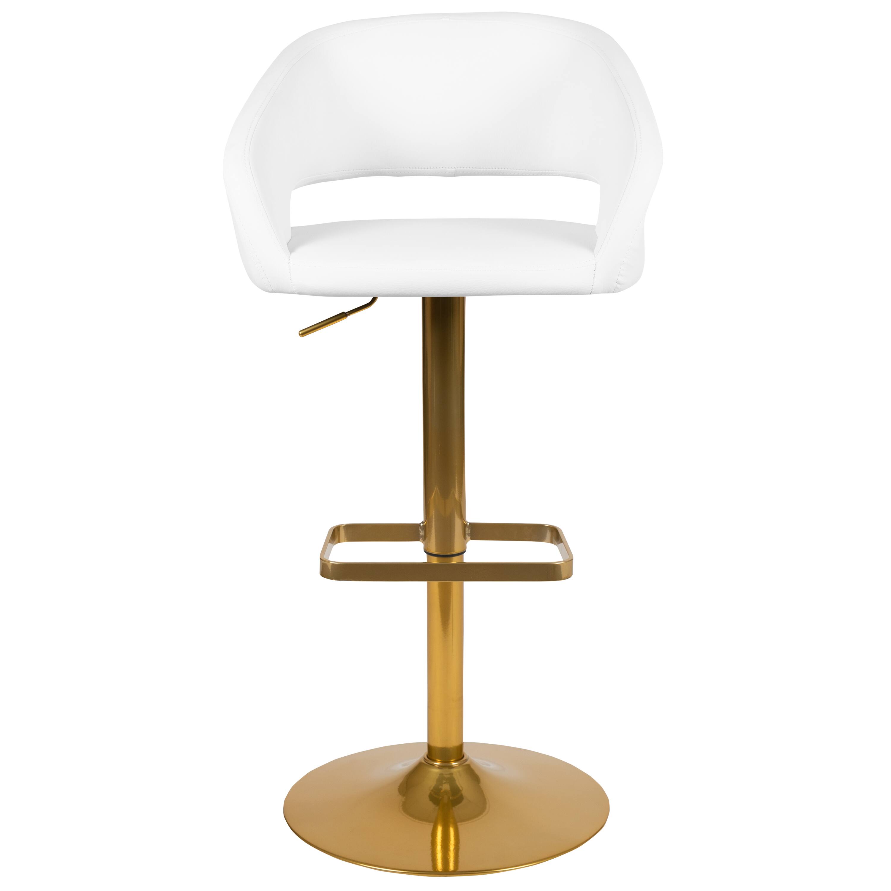 Alt View 7. Emma + Oliver - Shae Contemporary Upholstered Adjustable Height Barstool with Rounded, Cutout Mid-Back and Pedestal Base - White/Gold Frame.