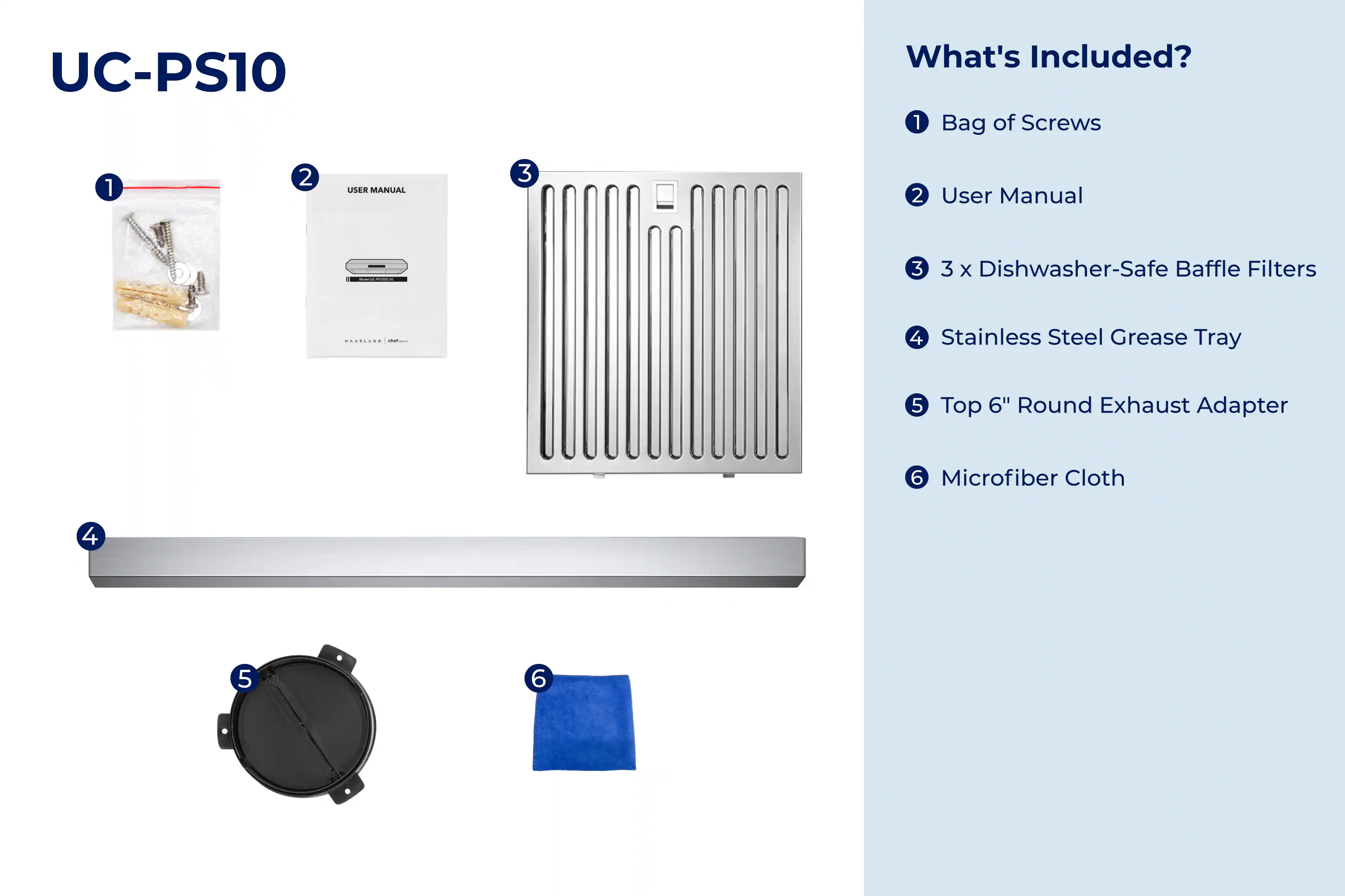 UC-PS10 What's Included?  
1. Bag of Screws  
2. User Manual  
3. 3 x Dishwasher-Safe Baffle Filters  
4. Stainless Steel Grease Tray  
5. Top 6" Round Exhaust Adapter  
6. Microfiber Cloth