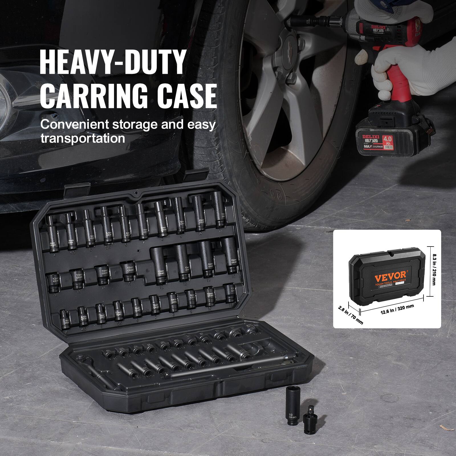 HEAVY-DUTY CARRING CASE Convenient storage and easy transportation CEE...... DEL LIXI - I3 4.0 An MA - 1 VEVOR - M s t 8.3In/210 in - 210 TUT 2.8 in 7D mm 320 mm in I 12.8 BILICS