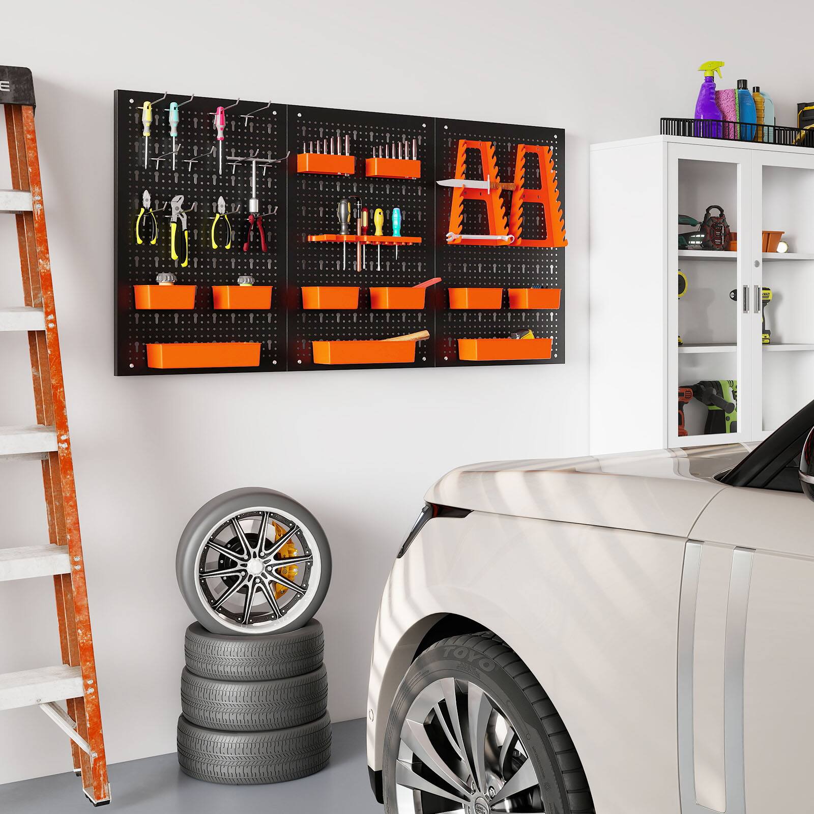 Alt View 9. Gymax - Gymax Pegboard Wall Organizer 9-Bin Parts Rack Organizer w/ Hammer Racks Tool Holders - Orange.