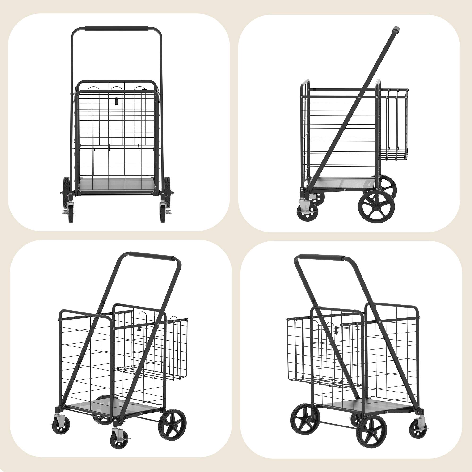 Alt View 8. Glintex - Large Shopping Cart with Brake,Foldable Utility Shopping Carts with Double Basket and 360° Rolling Swivel Wheels - Antique Black.