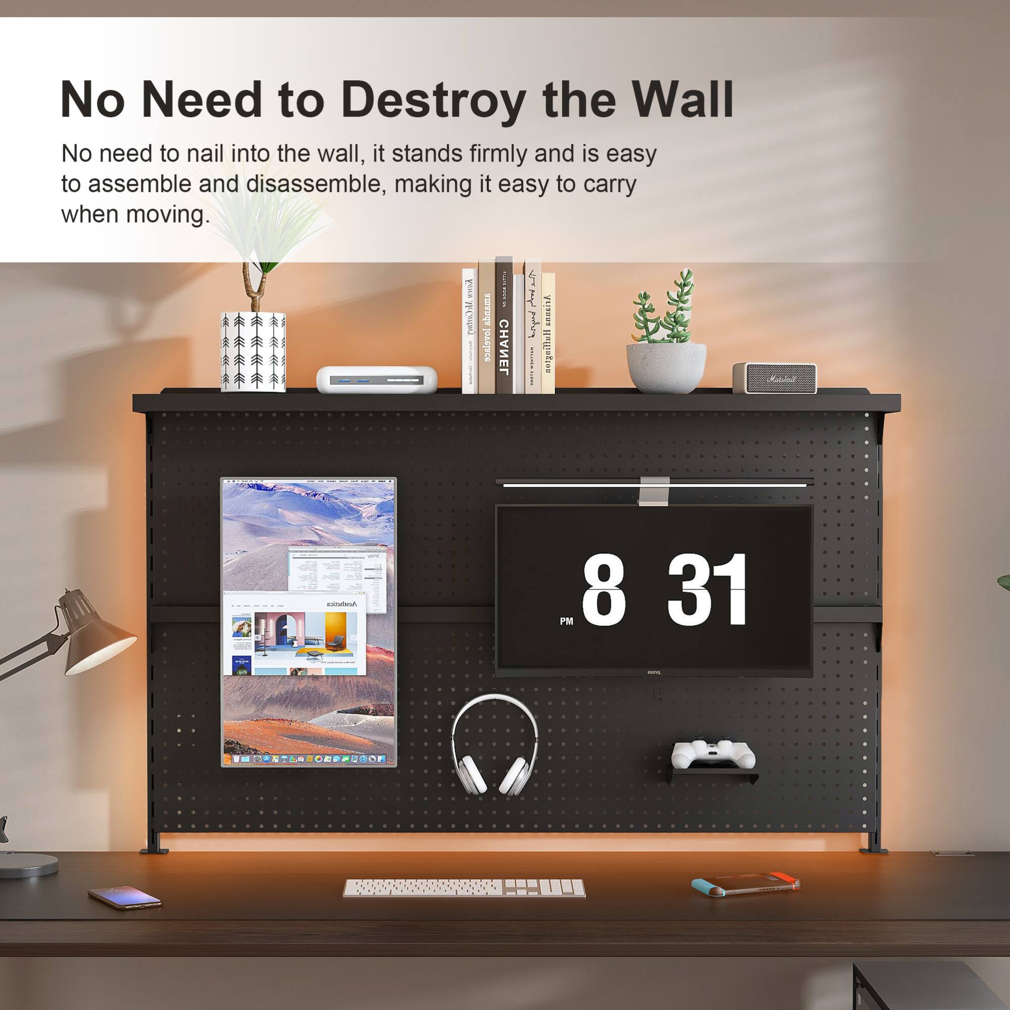 No Need to Destroy the Wall

No need to nail into the wall, it stands firmly and is easy to assemble and disassemble, making it easy to carry when moving.
