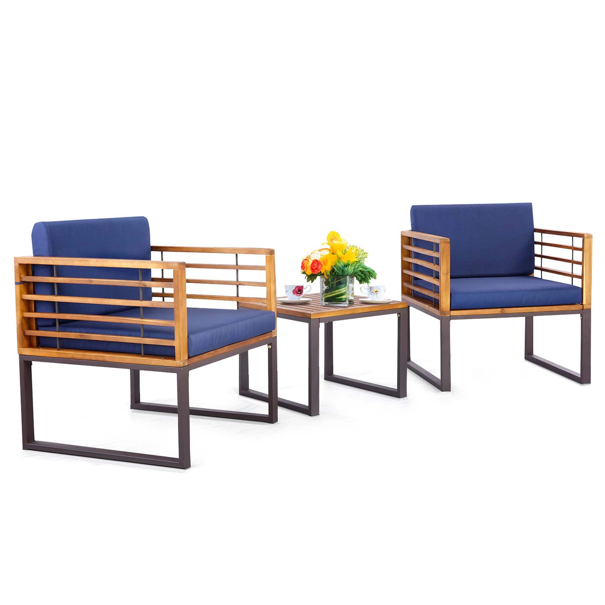 Costway - 3pcs Patio Acacia Wood Bistro Conversation Cushioned Chair & Table Set Outdoor - Natural,Black,Navy
