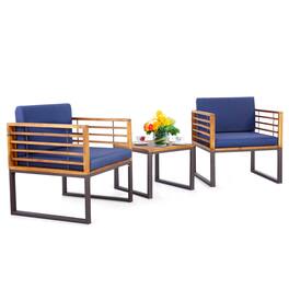 Costway - 3pcs Patio Acacia Wood Bistro Conversation Cushioned Chair & Table Set Outdoor - Natural,Black,Navy