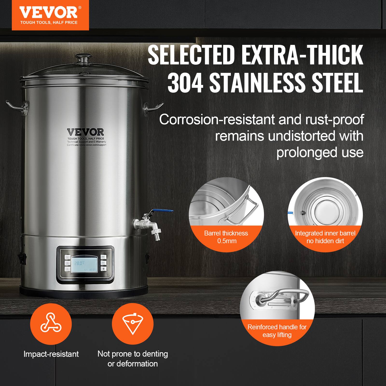 VEVOR  
TOUGH TOOLS, HALF PRICE  

SELECTED EXTRA-THICK 304 STAINLESS STEEL  

Corrosion-resistant and rust-proof remains undistorted with prolonged use  

- Barrel thickness 0.5mm  
- Integrated inner barrel no hidden dirt  
- Reinforced handle for easy lifting  
- Impact-resistant  
- Not prone to denting or deformation
