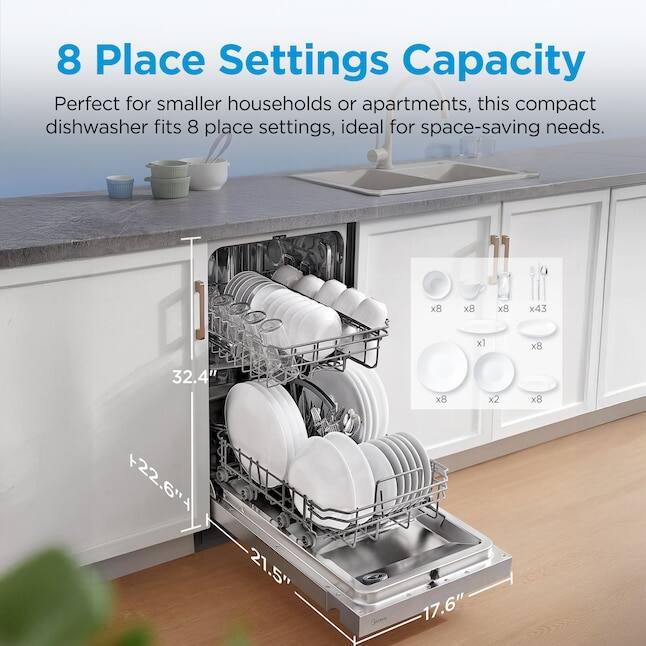 8 Place Settings Capacity

Perfect for smaller households or apartments, this compact dishwasher fits 8 place settings, ideal for space-saving needs.

32.4" x 22.6" x 21.5" x 17.6"