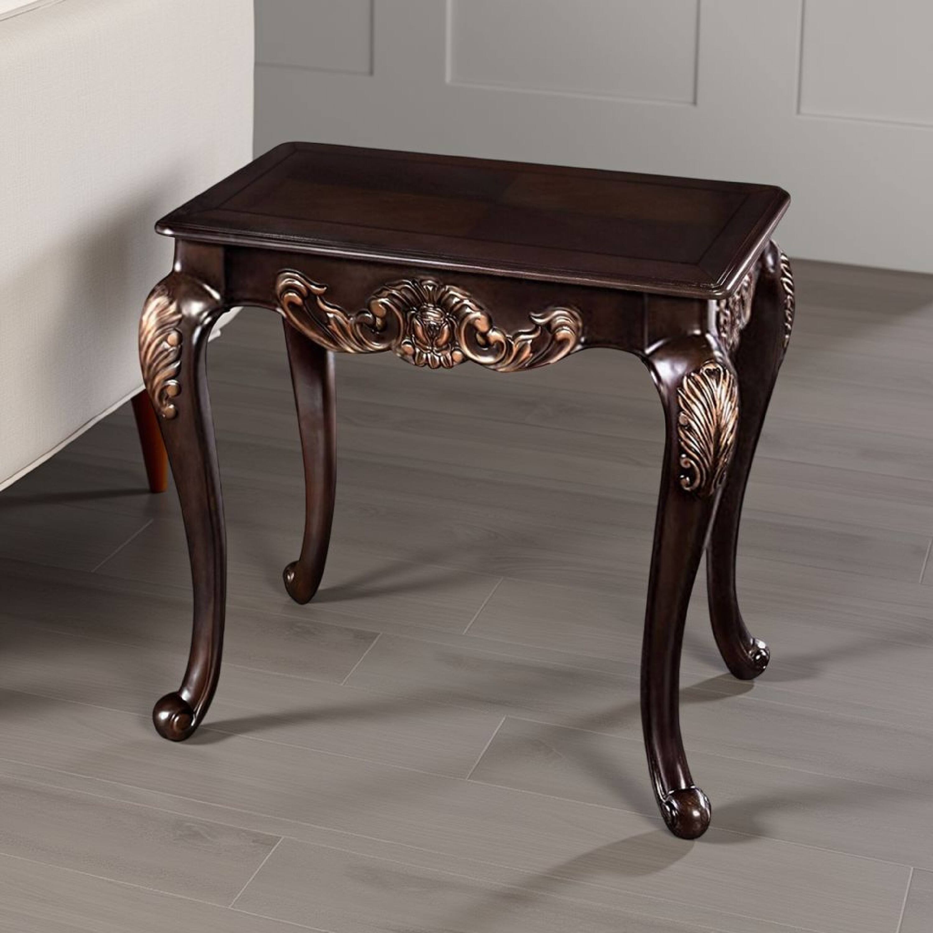 Alt View 5. Manhattan Lane - Astor End Table, 29 Inch Dark Cherry Brown Wood, Carved Details - Cherry Brown, Gold.