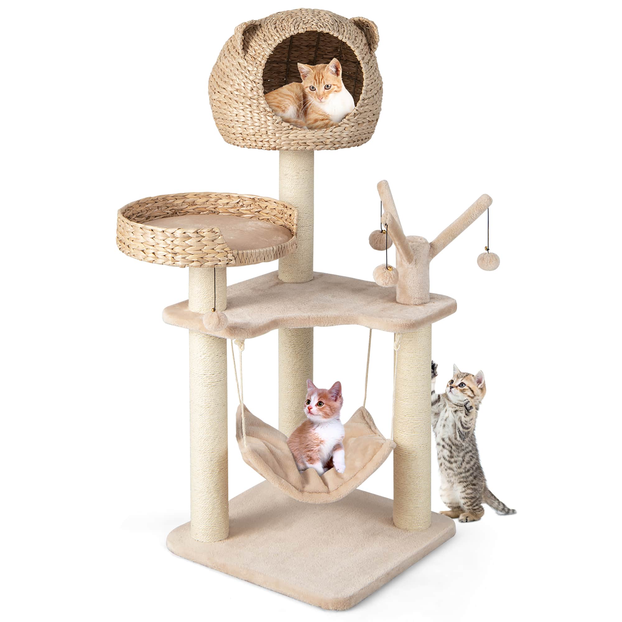 Costway - 48" Tall Cat Tree Tower Multi-Level Play Activity Center withCondo Hammock Cushion - Natural