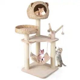 Costway - 48" Tall Cat Tree Tower Multi-Level Play Activity Center withCondo Hammock Cushion - Natural