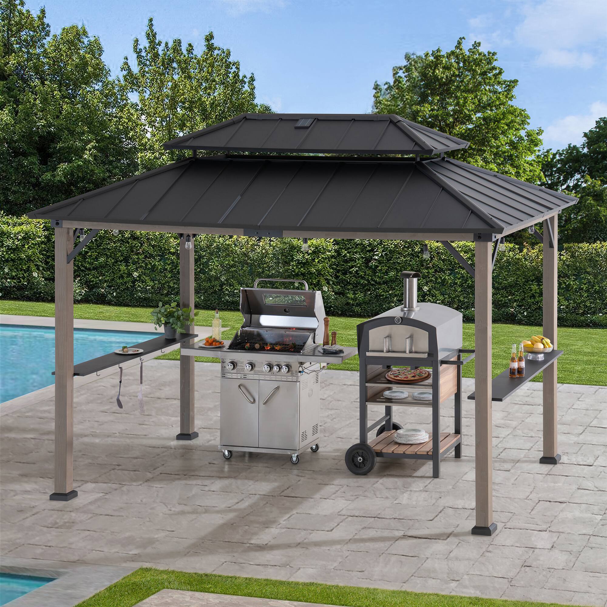 Angle. SUNJOY - Sunjoy 8ft. x 12 ft. Churchill Cedar Framed Grill Gazebo with  DC Solar Power Black - Churchill Cedar+DC Solar Power+Black.