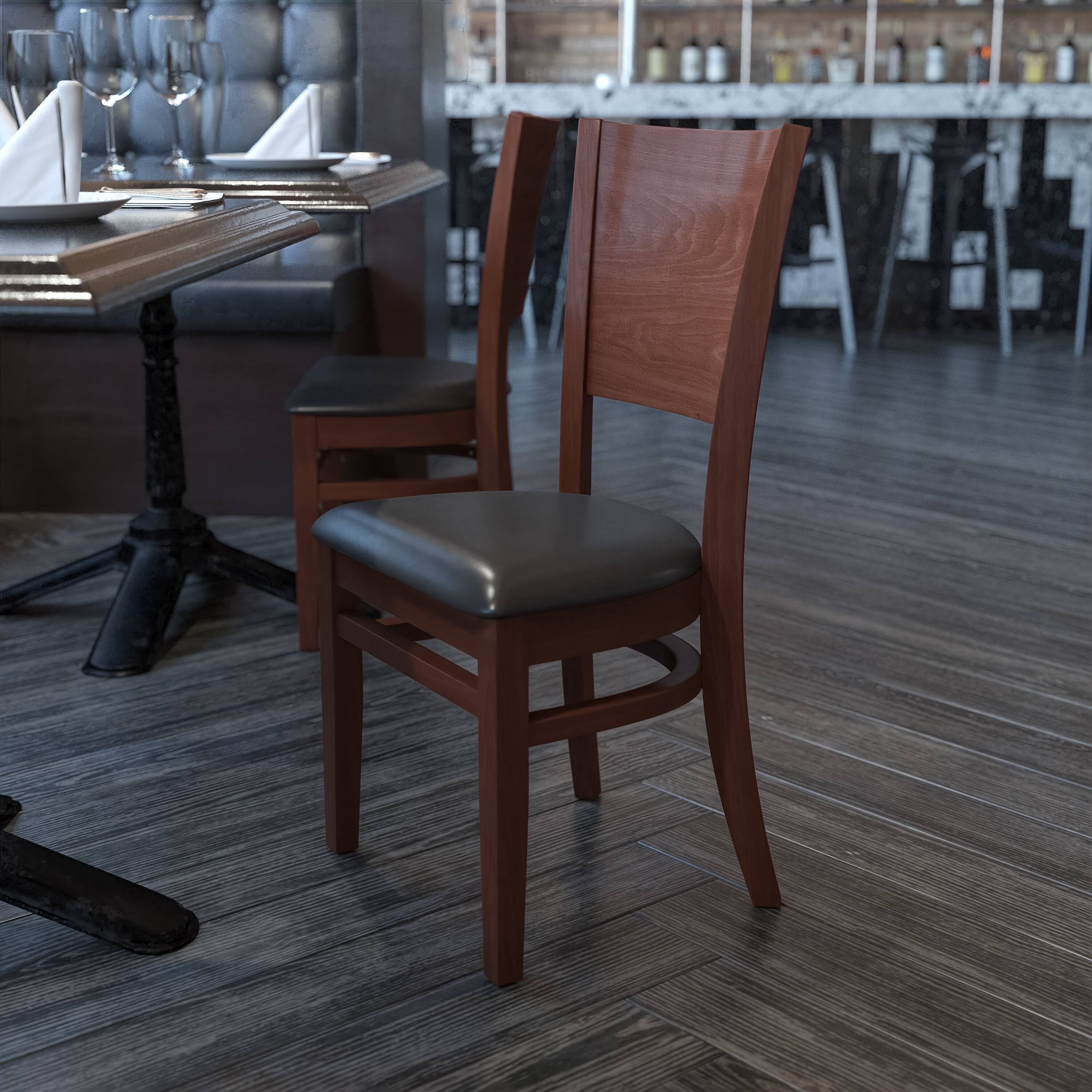 Alt View 1. Emma + Oliver - Solid Back Wooden Restaurant Dining Chair - Black Vinyl Seat/Walnut Wood Frame.