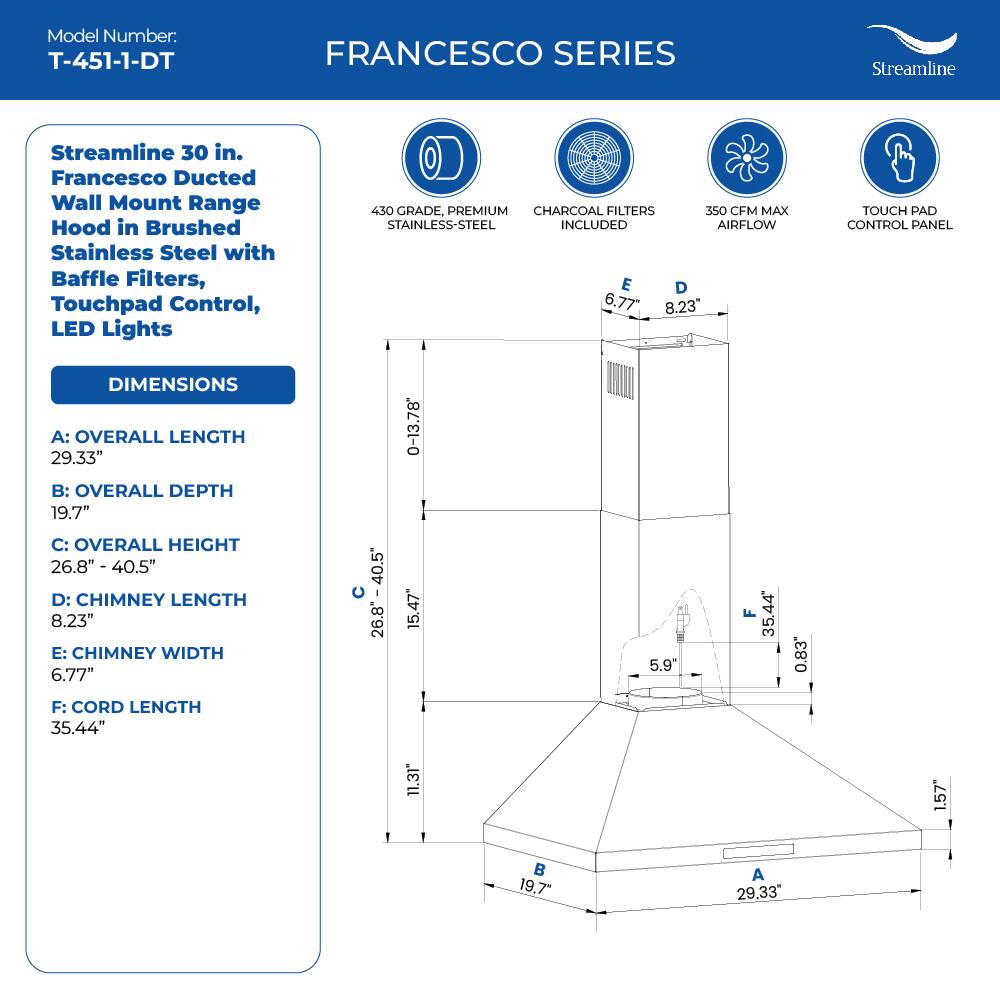 Model Number: T-451-1-DT

FRANCESCO SERIES
Streamline
Streamline 30 in. Francesco Ducted Wall Mount Range Hood in Brushed Stainless Steel with Baffle Filters, Touchpad Control, LED Lights
450 GRADE, PREMIUM CHARCOAL FILTERS
350 CFM MAX STAINLESS-STEEL INCLUDED AIRFLOW
TOUCH PAD CONTROL PANEL

DIMENSIONS
A: OVERALL LENGTH 29.33"
B: OVERALL DEPTH 19.7"
C: OVERALL HEIGHT 26.8" - 40.5"
D: CHIMNEY LENGTH 8.23"
E: CHIMNEY WIDTH 6.77"
F: CORD LENGTH 35.44"