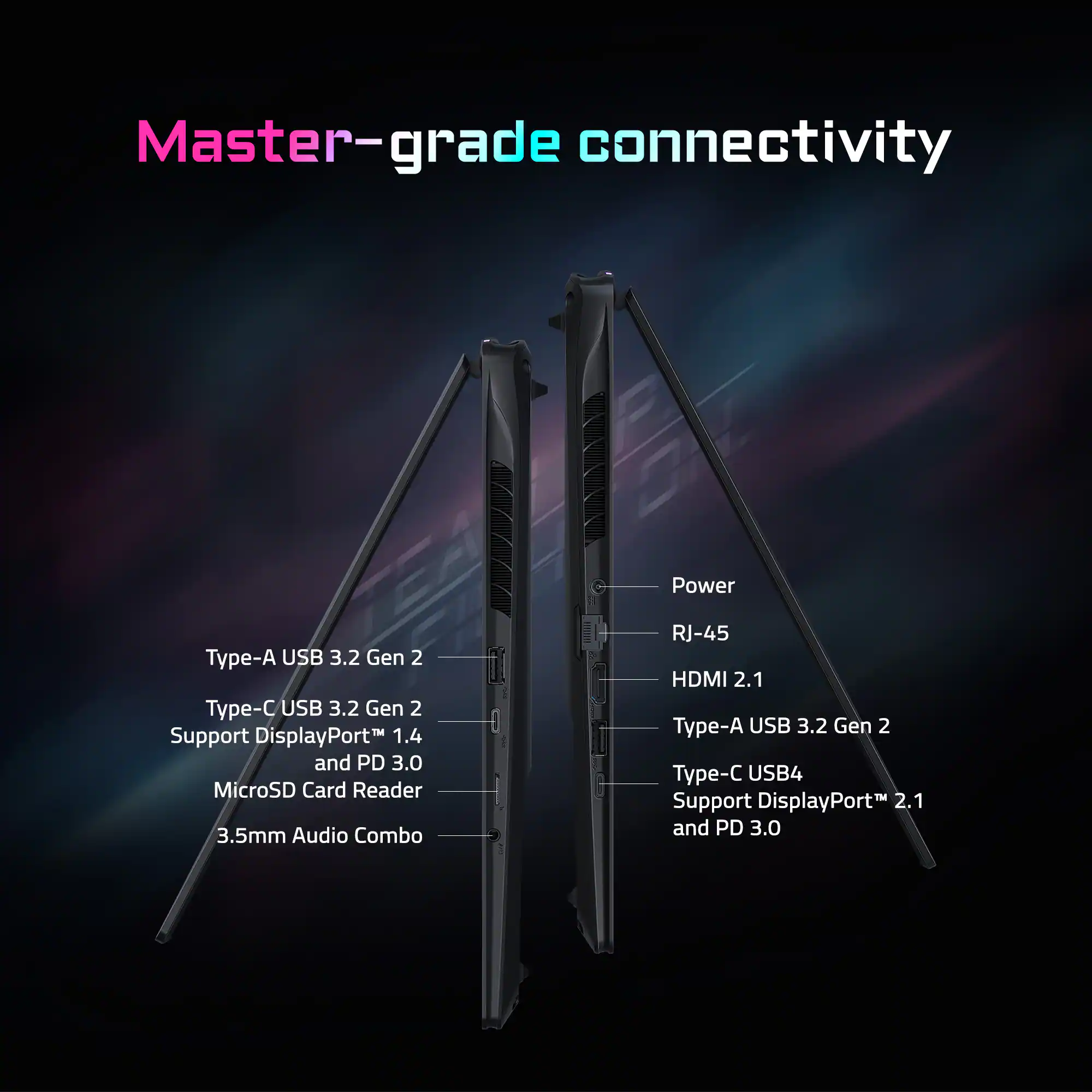Master-grade connectivity

- Type-A USB 3.2 Gen 2
- Type-C USB 3.2 Gen 2
- Support DisplayPort™ 1.4 and PD 3.0
- MicroSD Card Reader
- 3.5mm Audio Combo
- Power
- RJ-45
- HDMI 2.1
- Type-A USB 3.2 Gen 2
- Type-C USB4
- Support DisplayPort™ 2.1 and PD 3.0