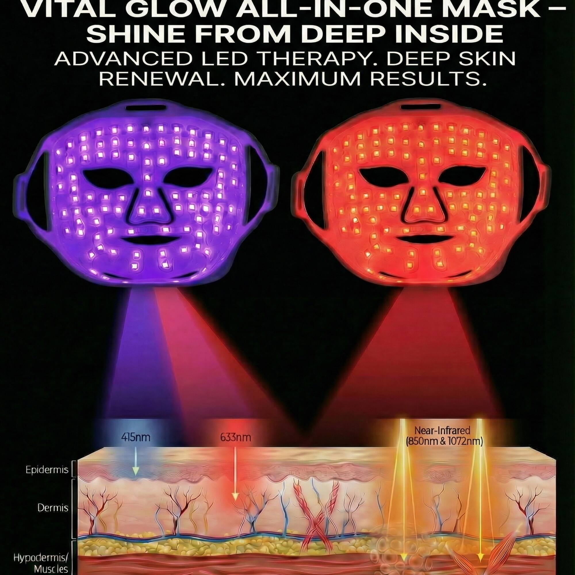 VITAL GLOW ALL-IN-ONE MASK - SHINE FROM DEEP INSIDE  
ADVANCED LED THERAPY. DEEP SKIN RENEWAL. MAXIMUM RESULTS.  

D G 415nm 633nm Near-Infrared (850nm & 1072nm)  
Epidermis Dermis Hypodermis/Muscles