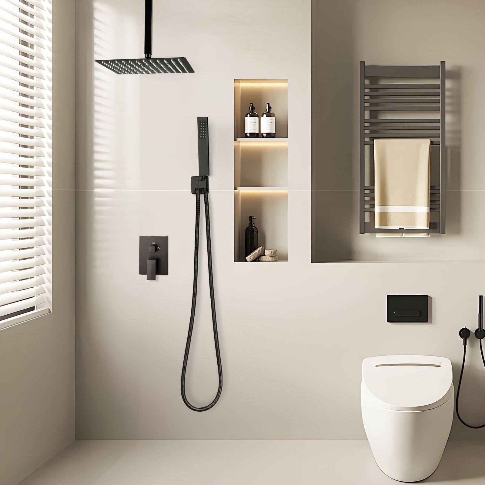 Alt View 1. Glintex - Shower Faucet Set, 10 in Square Rain Shower System with Handheld, Ceiling Mount, Brass Valve and Trim Kit - Matte Black.