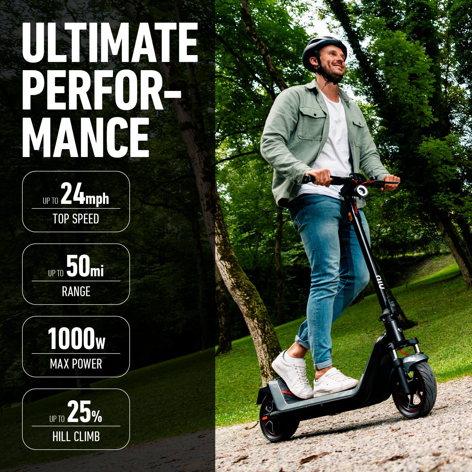 ULTIMATE PERFORMANCE  
UP TO 24mph TOP SPEED  
UP TO 50mi RANGE  
1000w MAX POWER  
UP TO 25% HILL CLIMB