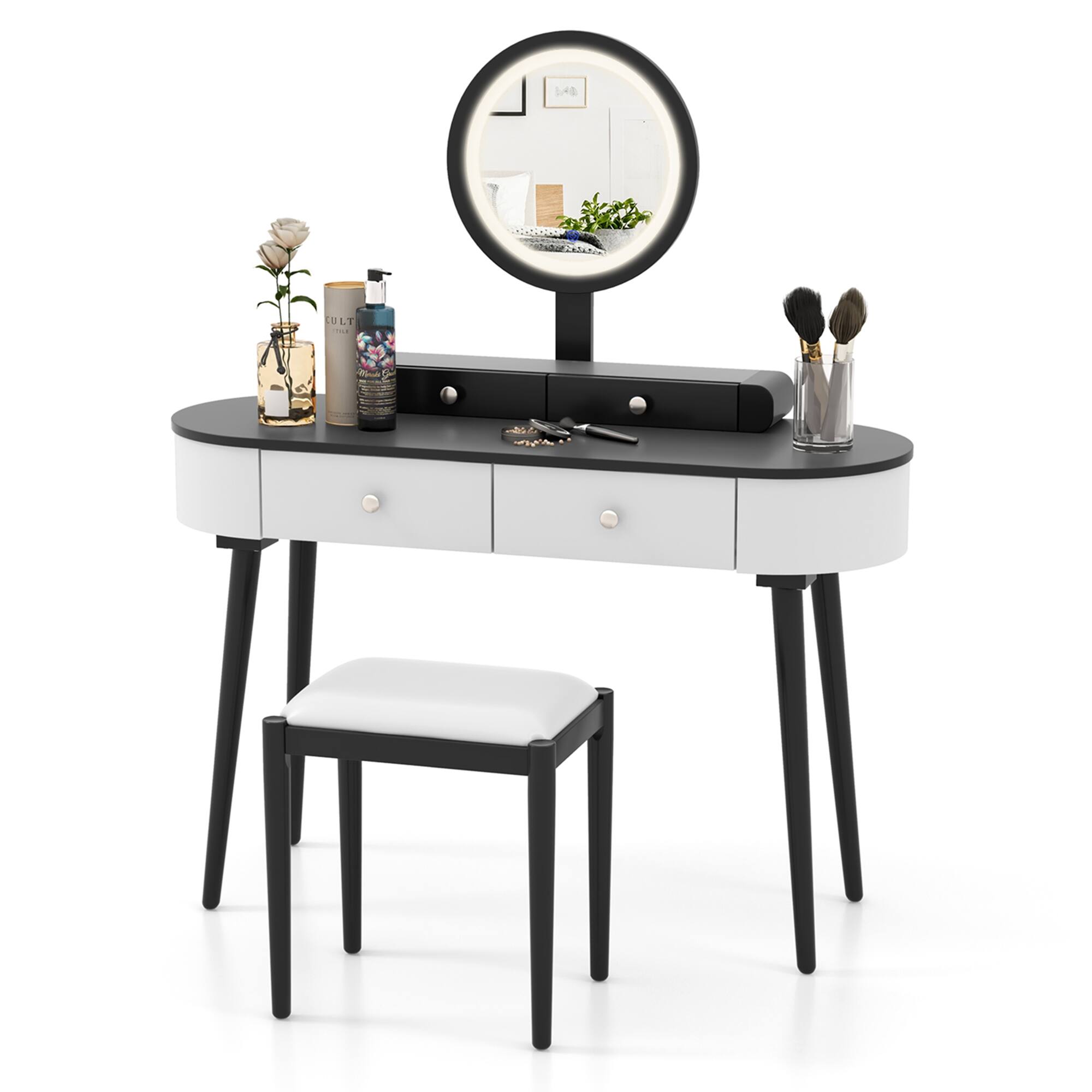 Front. Costway - Costway Solid Wood Makeup Vanity Desk Set with LED Lighted Mirror Drawers Cushioned Stool - White,Black.