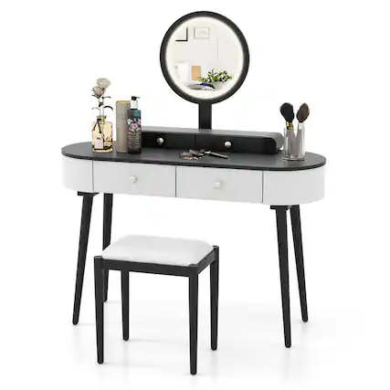 Front. Costway - Costway Solid Wood Makeup Vanity Desk Set with LED Lighted Mirror Drawers Cushioned Stool - White,Black.
