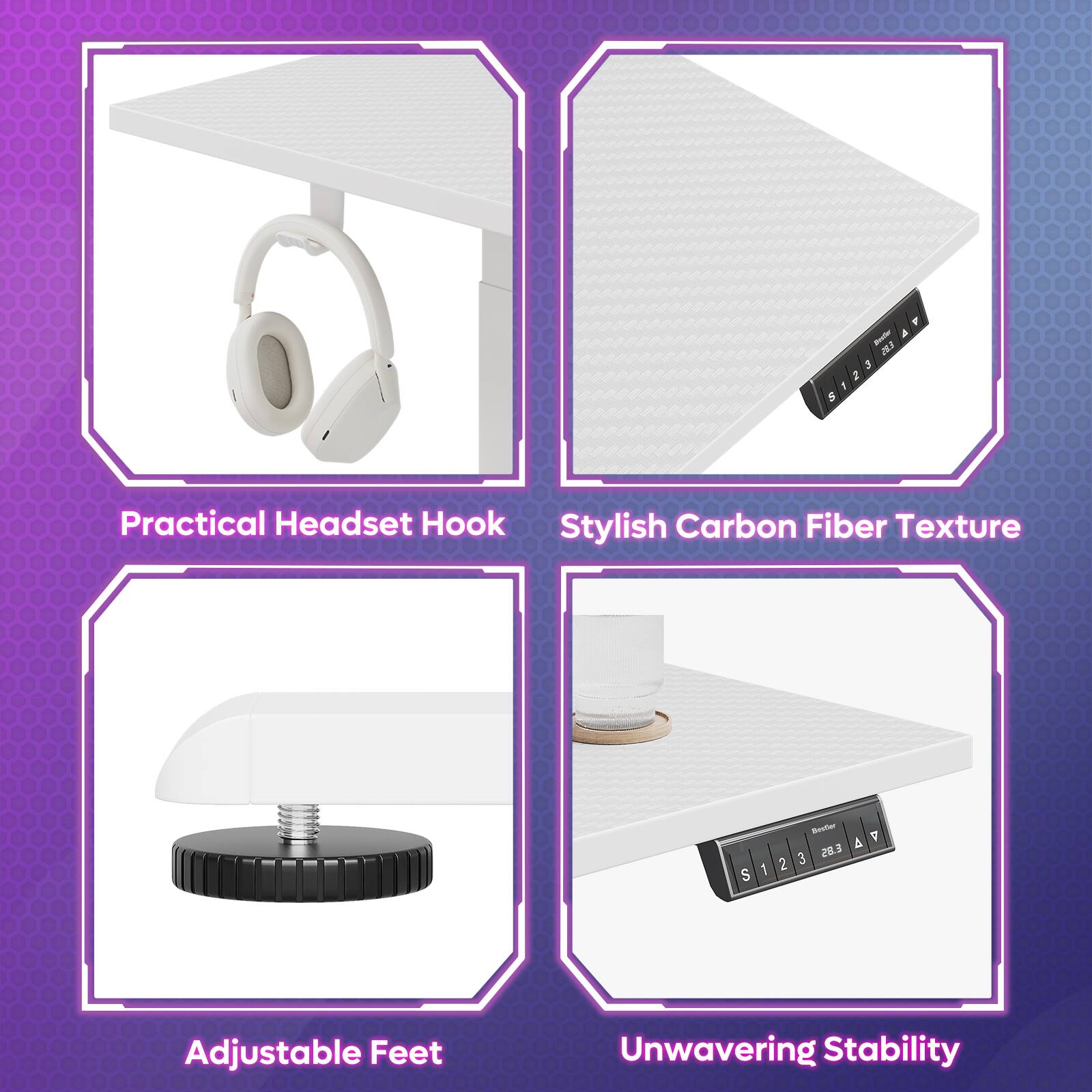 - Practical Headset Hook
- Stylish Carbon Fiber Texture
- Adjustable Feet
- Unwavering Stability