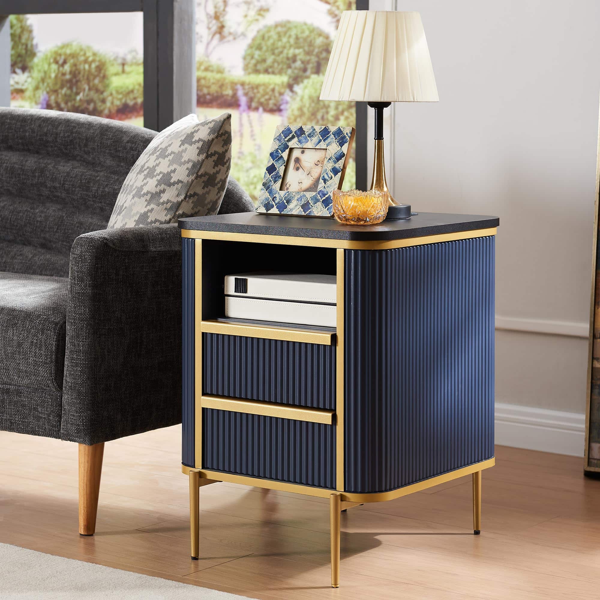 OMOMMD- Luxury Fluted Nightstand with Charging Station, Faux Marble Top, 2 Drawers- Navy Blue Single Piece
